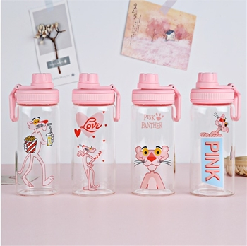 韩版粉红豹玻璃杯可爱粉嫩卡通手提水杯子女学生便携防漏软妹水瓶