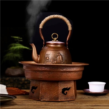 铜器时代纯手工锤纹纯紫铜多功能煮茶圆形炭炉烧烤炉